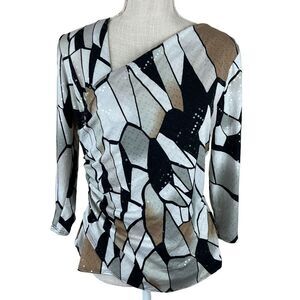 MSK Sequin Blouse Womens M Black Beige Asymmetrical Unique 90s Y2K‎ Artsy Top